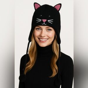 DELUX | Charming Black & Pink Kitty Face Cat Knit Hat Wool Blend